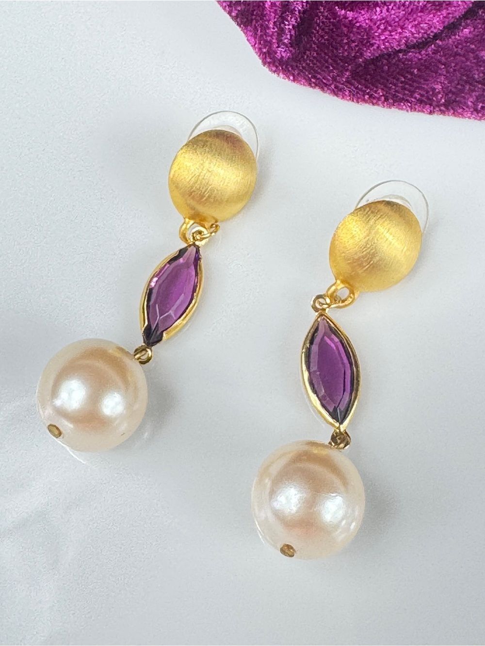 Gold-Tone Purple Crystal & Pearl Drop Earrings